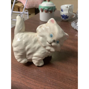 Vintage Speckled Tan Ceramic Fluffy Persian Cat Kitty Figurine Blue Eyes Cute